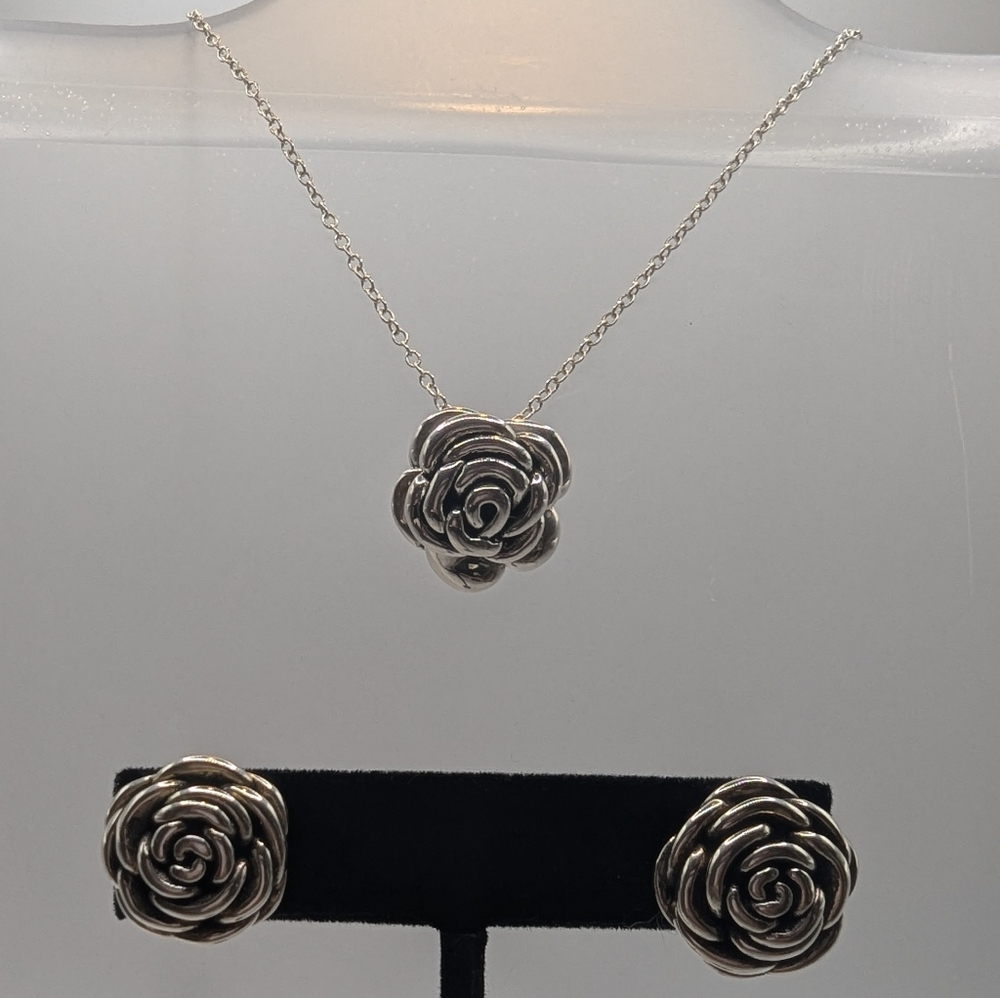 VTG STERLING 925 Electroform Hollow 3D Puffy Flower Rose Earrings & Necklace